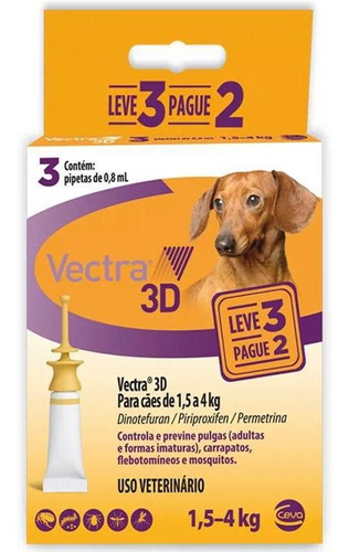 Vectra 3d Caes 1,5 A 4kg 0.8ml Anti-pulgas Ceva 3 Pipetas