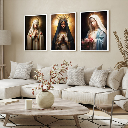 Kit 3 Quadros Decorativos Nossa Senhora Santa Com Moldura