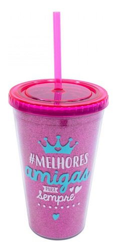 Copo Com Canudo Melhores Amigas Para Sempre Pink 450 Ml Cor Rosa