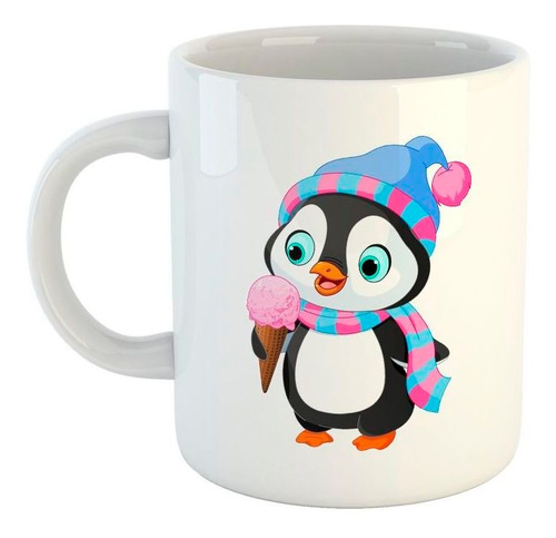 Taza De Ceramica Pinguino Con Bufanda Tomando Helado