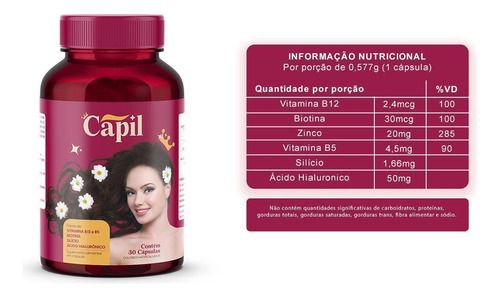 Suplemento Cabelo Ácido Hialurônico, Vit B5, B12, Biotina