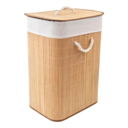 Cesto Roupa Suja Bambu Retangular Forrado Alça Tampa Grande Bege Retangular
