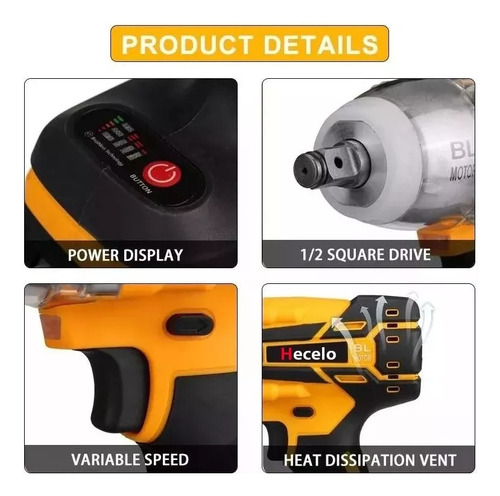 Hecelo MT600N10C2BPA 990n.m Pistola Llave De Impacto Inalámbrico De 2 Batería 1/2 Brushless
