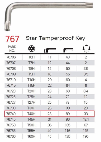 Chave L Allen Torx C/ Furo T40h Pard 76740 *