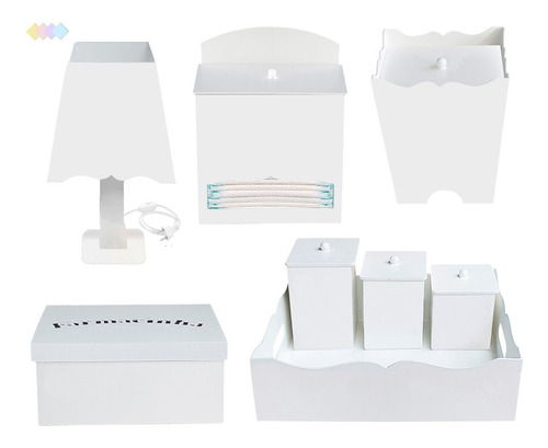 Kit Higiene Bebe Mdf Pintado Cor Branco 8 Peças Na Promoção