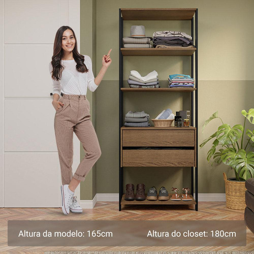 Guarda-roupa Closet 2 Gavetas 4 Prat 70cm Valencia Madesa Rp Cor Rustic/Preto