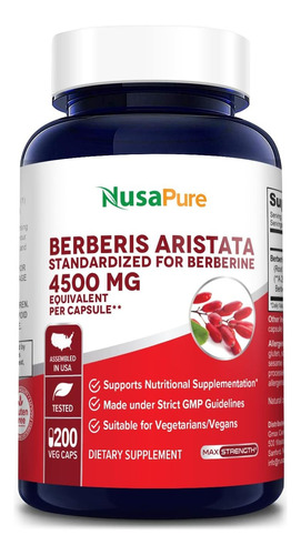 Nusapure Berberine Hci 4500 Mg - 200 Cápsulas Vegetales  