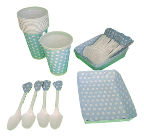 Kit Polka Azul Claro Vasos+bandejas+curbierto 12invitados