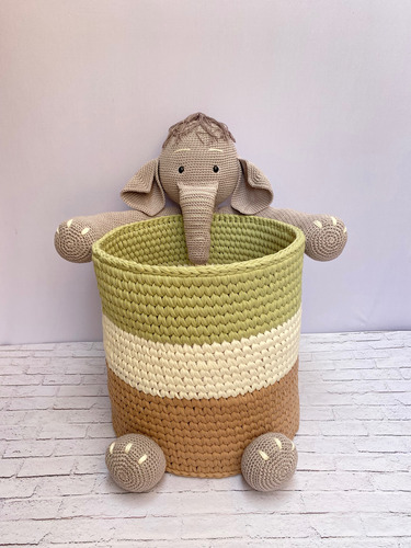 Cesto Fio De Malha Com Bichinho Elefante Amigurumi Em CrochĂȘ