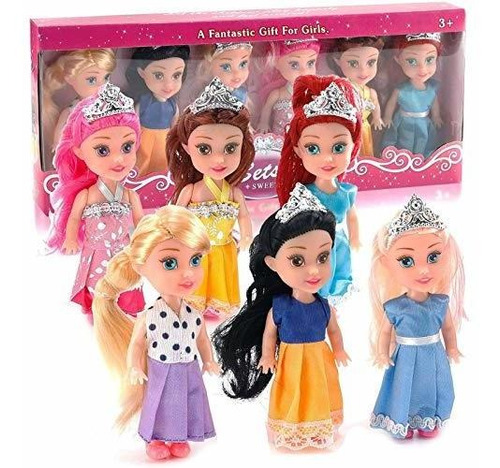 Set De 6 Muñecas Miniatura Princesas Con Vestidos 4.5