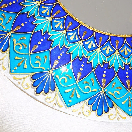 Mandala Azul E Dourada Em Vidro De 50cm E Espelho De 24cm