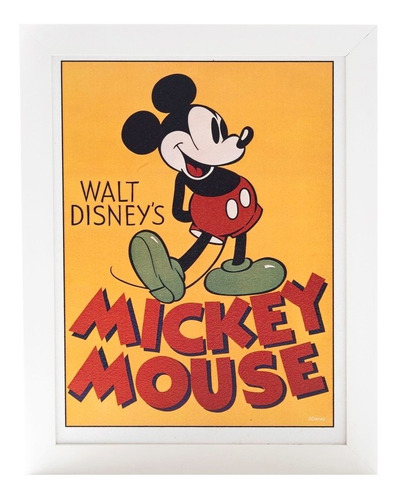 Quadro Decorativo Disney Mickey Mouse Vintage Moldura Branca