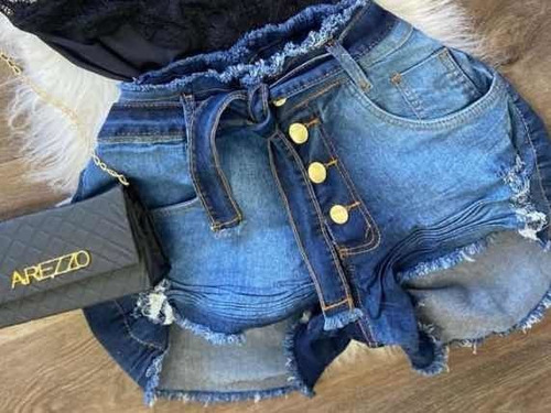 Short Jeans Plus Size Com Lycra Cintura Alta Com Cinto Faixa