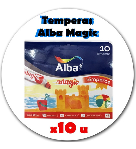 10 Temperas Alba Magic Colores Surtidos Pomo 8 Ml Lavables