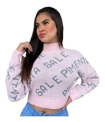 Blusa De Tricô Sal E Pimenta Letreiro Gola Alta Rosa Claro