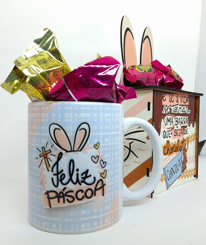 Kit Caixa Feliz Páscoa Com Caneca Personalizada + Bombons
