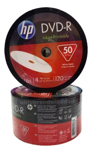 Dvd Virgen Dvd-r 4.7gb 16x Hp Imprimible (50 Discos)