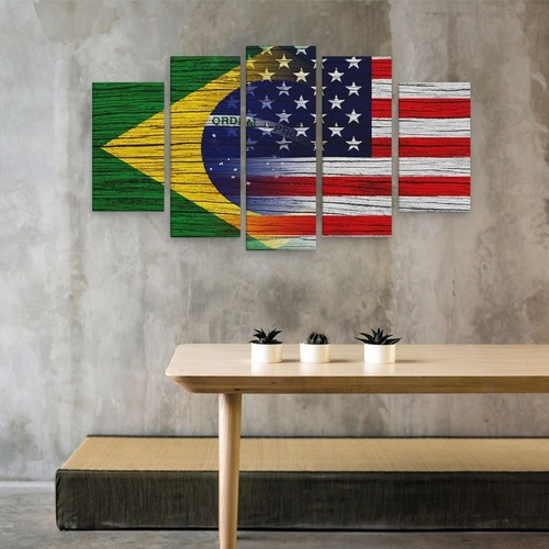 Quadro Painel Mosaico 5 Partes Bandeira Brasil Eua Países 