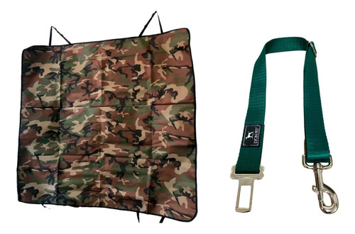 Funda Auto Simple Tapizado + Cinturon Reglamentario Perros Color Camuflado - Verde Ingles