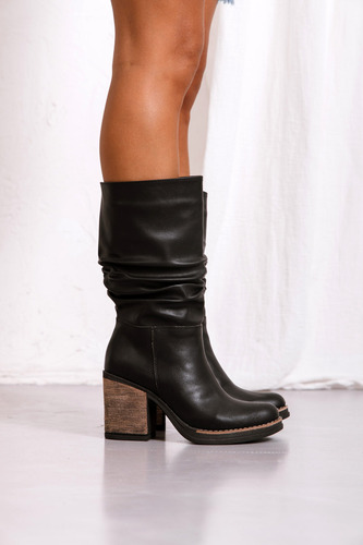 Botas Mujer Caña Alta Taco Ancho Foliado Eco Cuero Moda 750