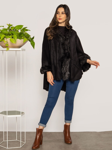 Poncho Feminino Com Touca De Lã De Pelos Sintético Importado