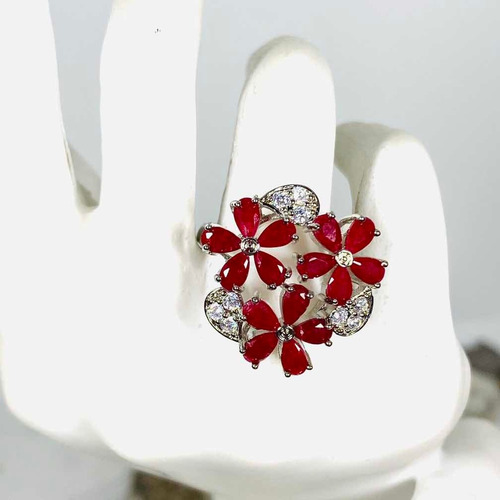 Anillo Flores Plata 925, Rubi Rojo Real 100% Natural N18