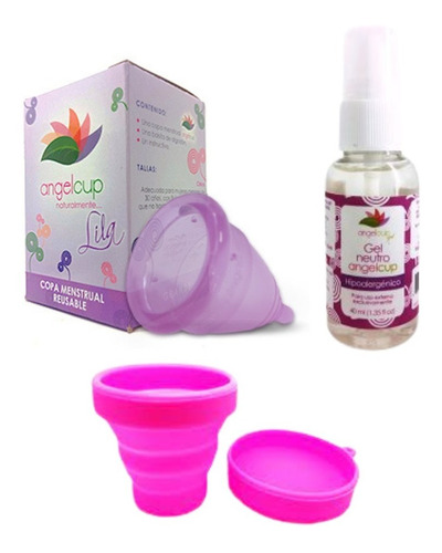 Copa Menstrual Ángel Cup (colors) + Vaso + Gel Chico Color Lila Gde