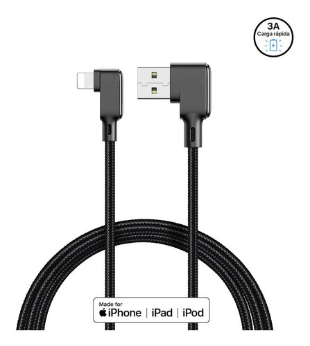 Cable Lightning Para iPhone Certificado 1.2m Carga Rápida 3a Color Negro