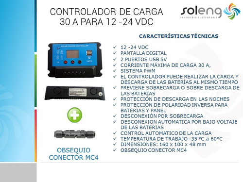 Controlador D Carga Panel Solar 30a 12 -24 Vdc Lcd Usb + Mc4