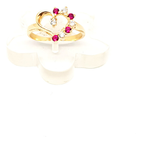 Anillo Oro 18k  Corazon Calado Rubi Y Cubic