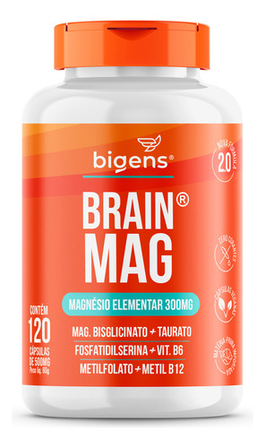 Brain Mag 2.0, Mag. Bisglicinato + Taurato, Fosfatidilserina, Vit B6, Metil B9, Metil B12, 120 Cápsulas, Bigens