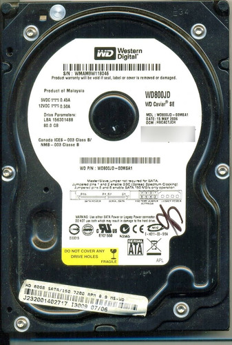 Hd 02 Western Digital Sata 80gb Wd800jd-00msa1 S/n Wmam9w118