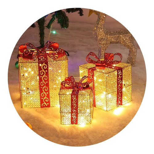 X3 Cajas De Regalo Decorativas Luz Led Adorno Árbol Navidad