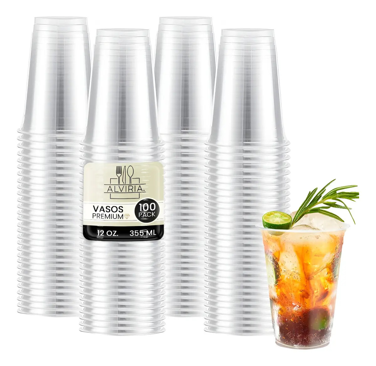100 Piezas Vasos Transparentes Elegantes 12 Onzas (355ml) Color Trasparente