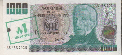 Billete De Argentina De $ 1000 Resellado 1 Austral Año 1985