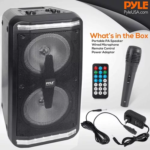 Pyle Altavoz PA Bluetooth y sistema de micrófono, altavoz de karaoke  portátil con micrófono con cable, luces LED de fiesta integradas, radio FM