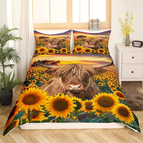 Highland Cow Juego De Ropa De Cama Para Niños, Girasol...