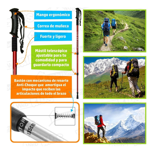 Imagen 5 de 10 de Baston Telescopico 135cm Antideslizante Trekking Tope Cuotas