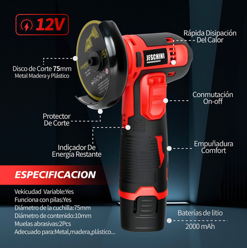 Esmeril Angular Mini Esmeriladora Inalámbrica Esmeril Pulido Lijadora Amoladora + 2 Baterías Rojo Wanse