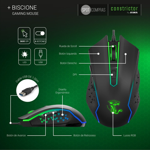 Imagen 5 de 5 de Combo Gamer Auricular Teclado Mouse Constrictor Grootslang