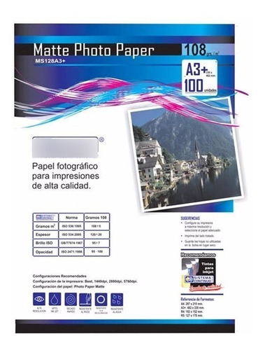 Papel Fotografico Matte 108gr Resma A3+ X500 Hojas