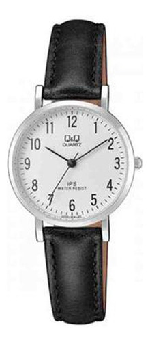Reloj pulsera Q&Q QZ03J304Y con correa de cuero sintético color negro - fondo blanco - bisel plateado