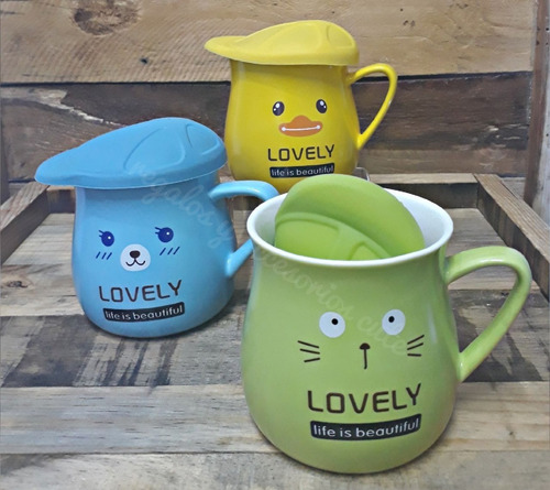 Taza Con Tapa De Silicona Kawaii- Ceramic Mug Animal 3d