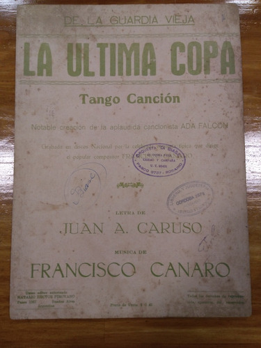 La Ultima Copa Caruso Canaro Tango Partitura