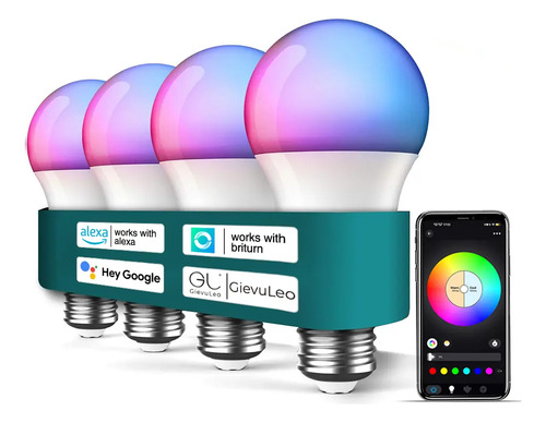 GIEVULEO 4 Focos Wifi Inteligente Rgb Alexa Google Siri Briturn APP Solo 2.4G Wifi Foco Led E27 9W Control Por Voz Música Temporizador Smart Bulb Foco Bluetooth Hogar Inteligente