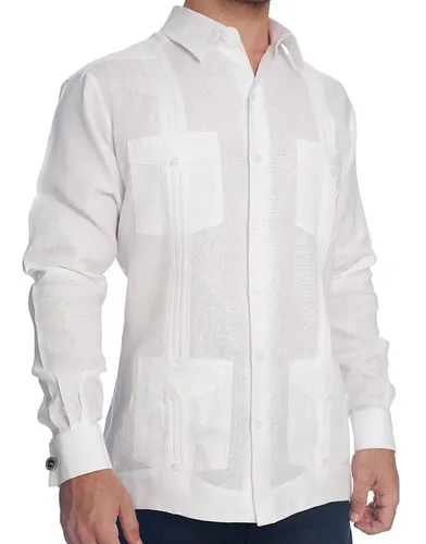 Abito Guayabera De Lino Manga Larga Color Blanco Puño Mancuernillas 100% Lino, Camisa Guayabera Yucateca De Lino