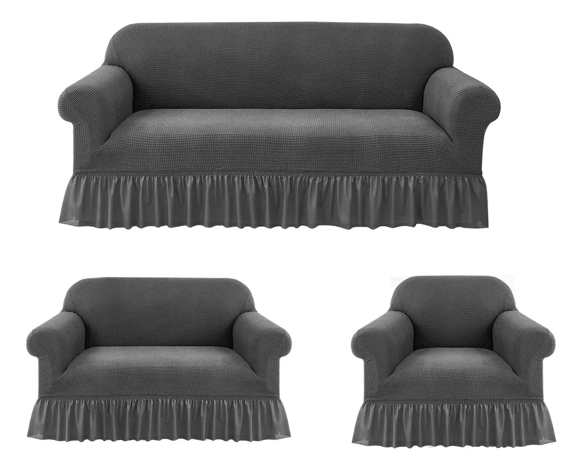 Mrustc Funda Cubre Sala Sofá 3pzs Elástico Con Falda Tipo Plumeti Ajustable Stretch Para Sillones Sala Color Gris