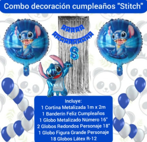 Combo Decoración Cumpleaños Globos Stitch Stich + Cortina 
