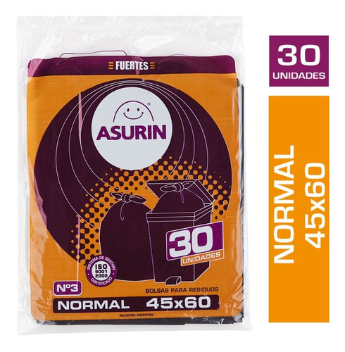 Imagen 1 de 1 de Asurin Bolsas Para Residuos Nro 3 45x60 Fuertes 30 Unidades