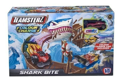 Pista Autos Teamsterz Shark Bite + Vehículo Cambia De Color 